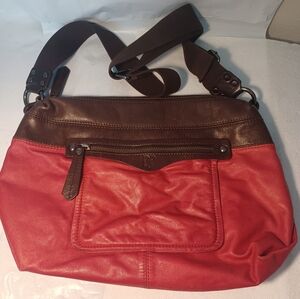 Leather Shoulder Bag in Red and Brown By Donald J Pliner 12"x13" Medium Size